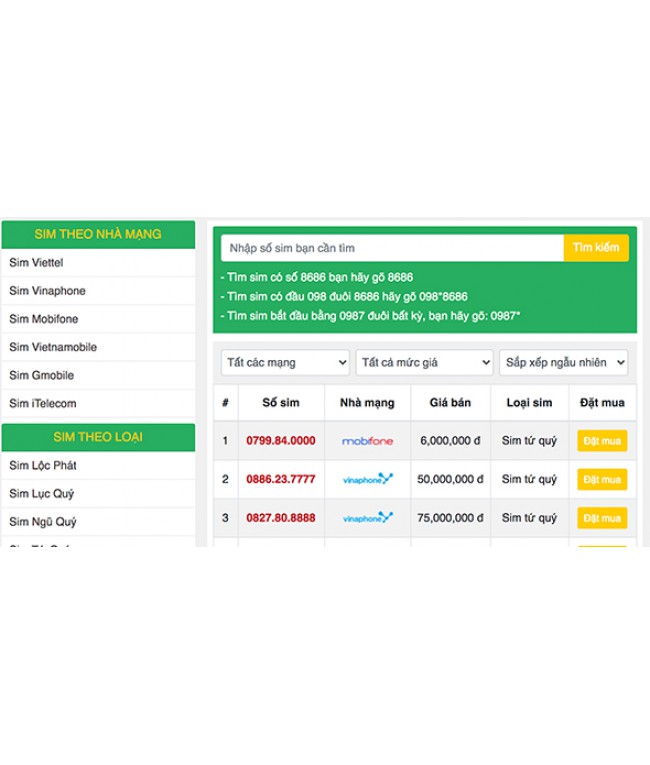 Mẫu web bán sim số sim điện thoại